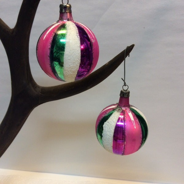2 Vintage Poland Marked Mercury Glass Ornaments - Pink/Green/White/Purple - (NBPE#655)