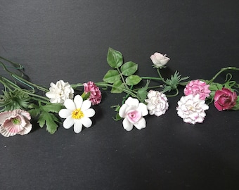 10 Vintage Porcelain Handmade Flowers w/Plastic Stems - (NBPE#2388)