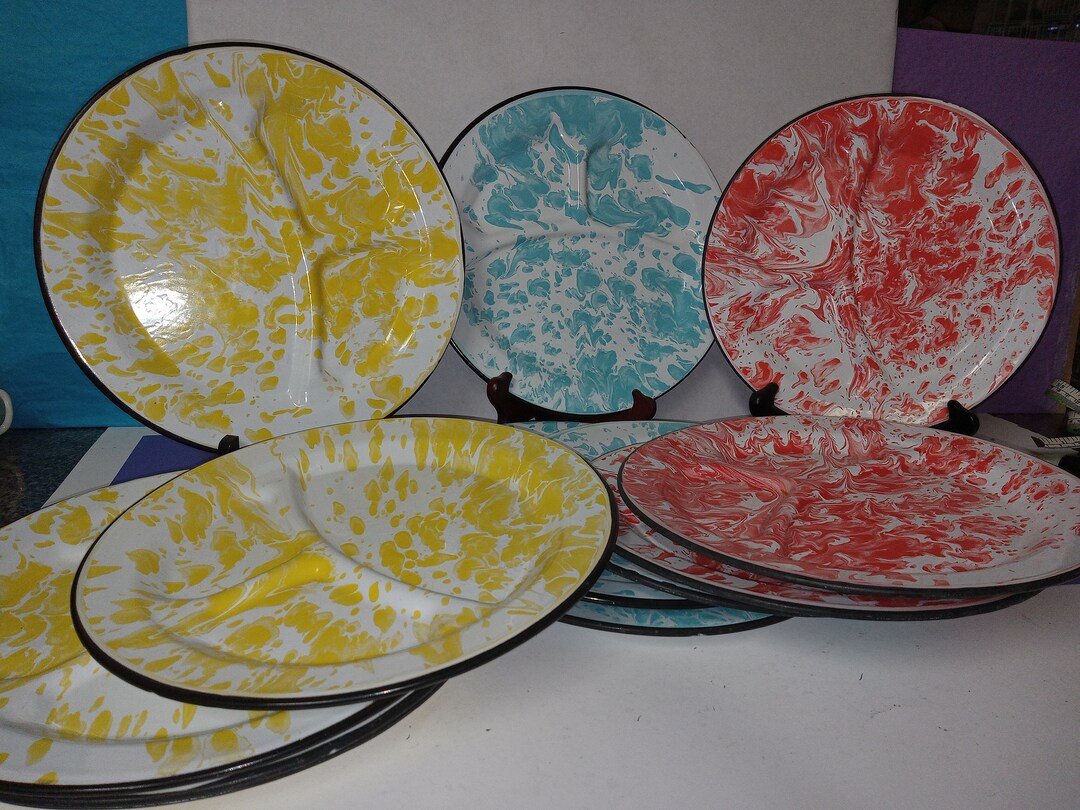 12 Vintage Graniteware Enamelware Divided Camping Plates Mint NBPE1849