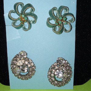 2 Pair Vintage Clip-On Earrings - Floral and Rhinestones - (NBPE#2164ESB)