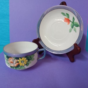 Lusterware Cup and Saucer - Hand Painted - Vintage - Bone China - Mint - (NBPE#1497)