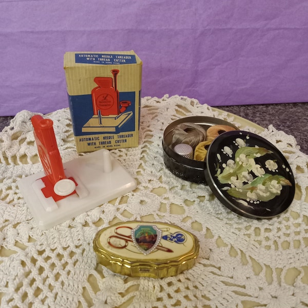 3 Miscellaneous Sewing Vintage - Tin, Needle Threader and Sewing Kit - (NBPE#1M/24)