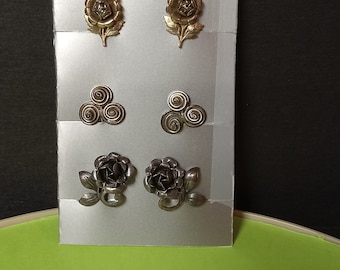3 Pair Vintage Screw on Earrings - Roses and Abstract - (NBPE#2459E)