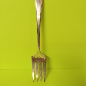 May include: A silver fork with an ornate handle. The fork is on a bright green background.