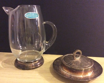 Clear Glass with Silver Plated Base Pitcher and Butter Dish with Glass Insert/2 pieces - (NBPE#24)