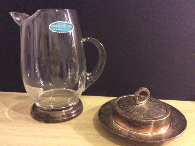Clear Glass with Silver Plated Base Pitcher and Butter Dish with Glass Insert/2 pieces NBPE24 image 1