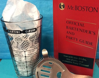 Vintage 1994 Bar Party Book & 1950's Drink Recipe Glass and Stainless Strainer - (NBPE#874)