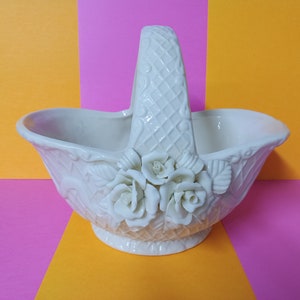 Beautiful White on White Ceramic Basket - Mint - (NBPE#1256)