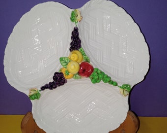 Pretty Vintage Basket Design Ceramic Divided Dish - Fruit - Mint - (NBPE#2000)