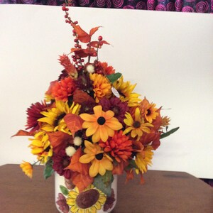 Fall floral arrangement in hand painted vintage Brazilian container