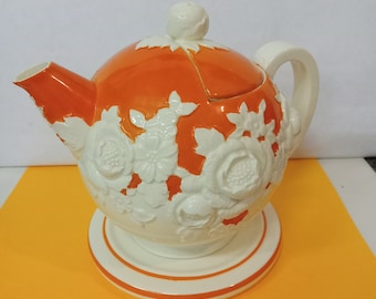 Rare - The Hinode - Japan - Tea Pot and Trivet - Mint - Orange and White - (NBPE#993)