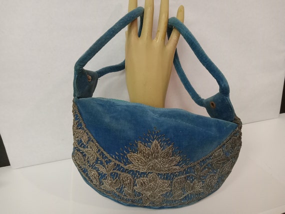 Awesome Blue Velvet Clutch with Wire Embroidery -… - image 1