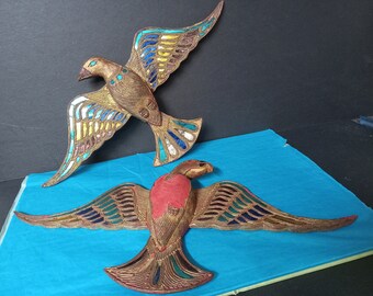 Set of 2 Vintage Bohemian Wooden Birds w/Embellishments - As is - (NBPE#2505)