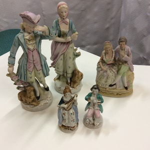 Victorian Statues, Men and Women - Porcelain - Made in Occupied Japan 5 Vintage Pieces - (NBPE#168)