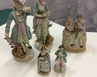 Victorian Statues, Men and Women - Porcelain - Made in Occupied Japan 5 Vintage Pieces - (NBPE#168)