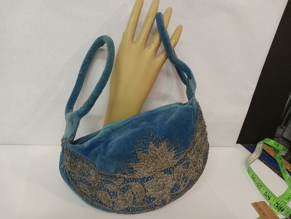 Awesome Blue Velvet Clutch with Wire Embroidery -… - image 3