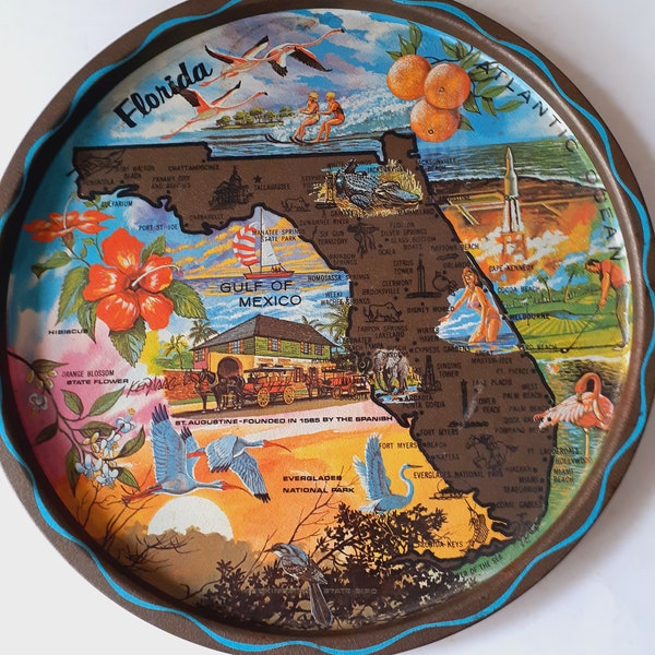 Vintage Florida Tin Metal Souvenir State Map Tray Plate Decor 11"