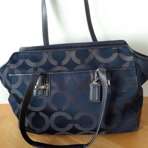 Coach Taylor Alexis Signature Blue Navy Leather Satin Trim Zip Tote Bag F25501