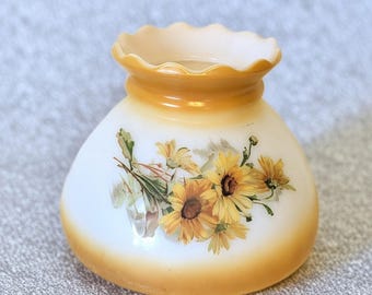 Vintage White Milk Glass Oil Lamp Shade Yellow Daisies Flowers Fitter Ruffle