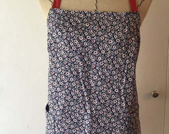 Navy with White and Red Flowers Floral Apron with Ruffles