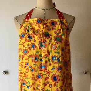 Yellow Floral Apron with Red and White Polka Dot Ruffles