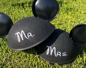 Set of Mr. and Mrs. / Bride and Groom / Ms. / Dr. Mouse Ear Hats for Engagement, Wedding, Honeymoon or Announcements