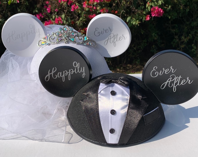 Personalized Bride and Groom Ear Hat Set