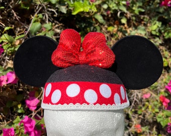 Personalized Minnie Mouse Polka Dot Ear Hat with Sequin Bow