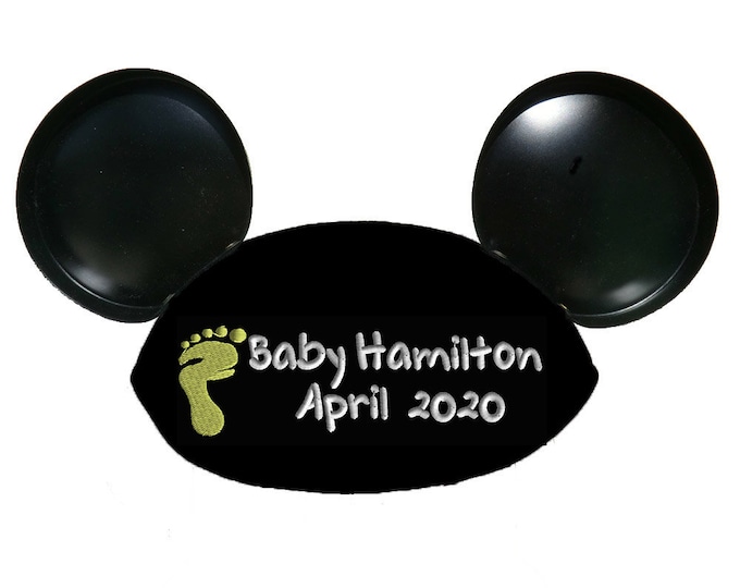 Baby Footprint TB Personalized Black Mouse Ear Hat for Baby Announcement, Baby Shower, New Baby, Gender Reveal