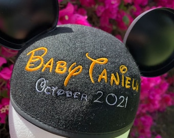 Walt Script Personalized Black Mouse Ear Hat for Baby Announcement, Baby Shower, New Baby, Gender Reveal