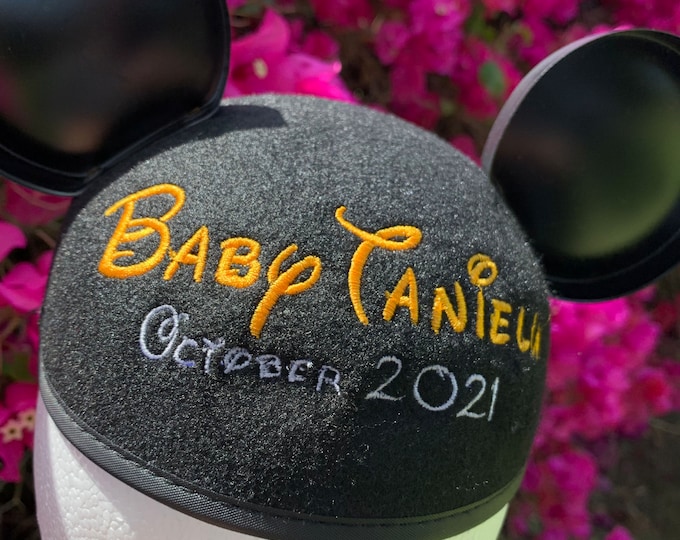 Walt Script Personalized Black Mouse Ear Hat for Baby Announcement, Baby Shower, New Baby, Gender Reveal