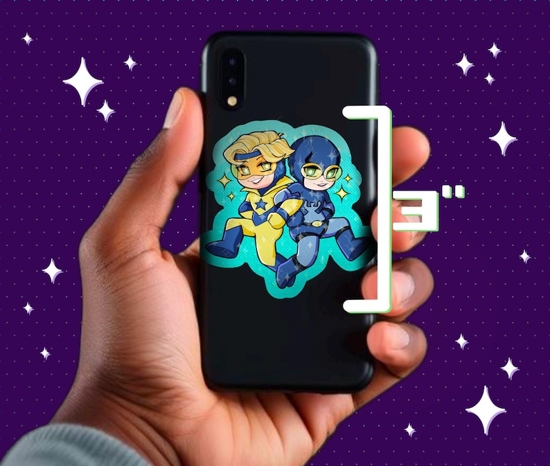 May include: Black smartphone case featuring a cartoon illustration of two superheroes in yellow and blue costumes. The image is set against a purple background with white star shapes.