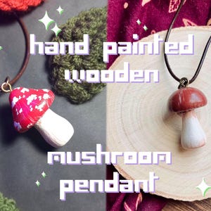 Painted Wooden Mushroom Pendant Necklaces