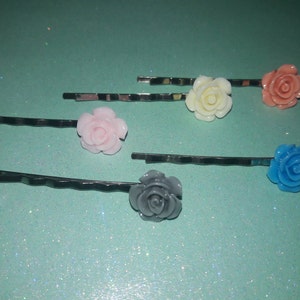 Set of 5 Flower Resin Bobby Pins (Light Pink, Grey, Coral, Blue, Cream)- Girl Hair Pin - Hair Pins - Bobby Pins Set- Hair Accessories