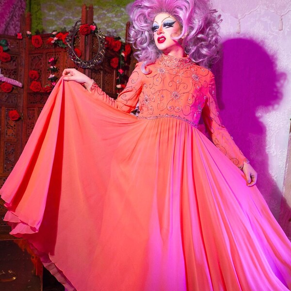 Illusion Neckline Half Sleeve Chiffon Dress Coral