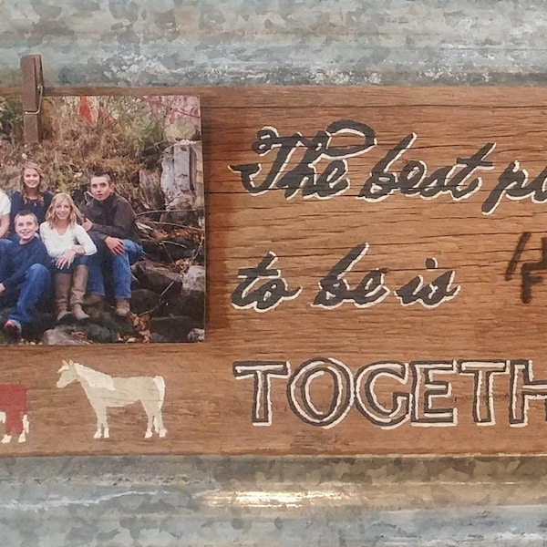 The Best Place to be is Together - Rough Cut Board Clothes Pin Picture Hanger Rustic Wire and Wooden Hand Painted Frame