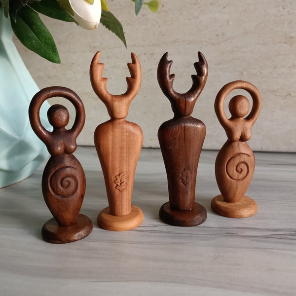 Small 10 cm Wiccan Wooden Horned god and Spiral goddess pagan