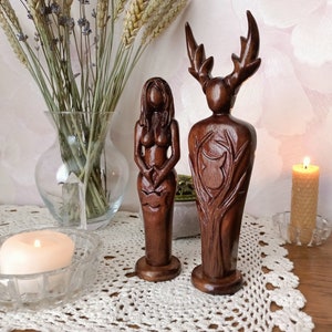 Altar wooden fertility divine couple, wiccan pagan goddess and horned god