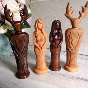 Altar wooden fertility divine couple, wiccan pagan goddess and horned god