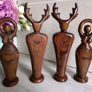 Wooden altar fertility divine couple, wiccan pagan horned Cernunnos and Triple moon goddess figurines