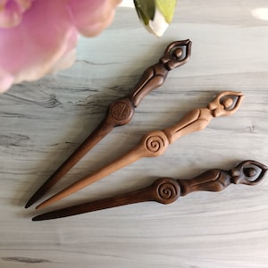 Wooden magic wand with goddess and pentagram / spiral