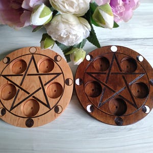 Wooden altar pentacle with candleholders and Moon phases witchcraft tool