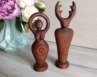 Big wooden altar divine couple, wiccan pagan horned Cernunnos and Spiral goddess figurines