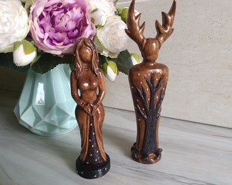 Altar wooden divine fertility couple, wiccan pagan Moon Mother goddess and horned Father god Cernunnos