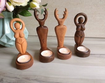 Altar wooden fertility divine couple, wiccan pagan mother goddess and horned god with candleholders