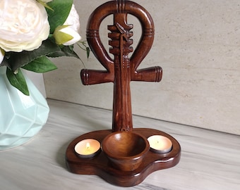 Egyptian Kemet shrine Ankh with candleholders and offering bowl