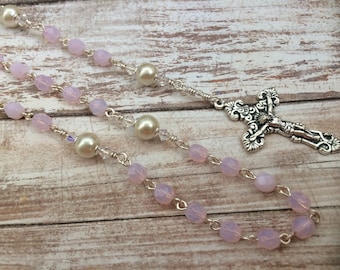 Opal Pink Czech Traditional Catholic Rosary with Miraculous Medal