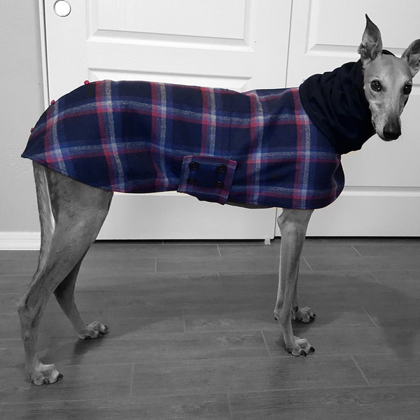 Coat for Greyhound with snood (Medium - Large) Plaid navy blue, gray and fuchsia