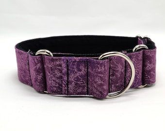 Light purple design on darker purple cotton fabric martingale dog collar; 1.5 inch wide, Size medium