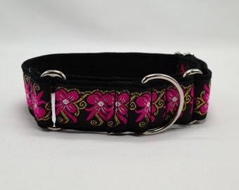 Magenta and gold flowers jacquard ribbon martingale dog collar; 1.5 inch wide, Size medium